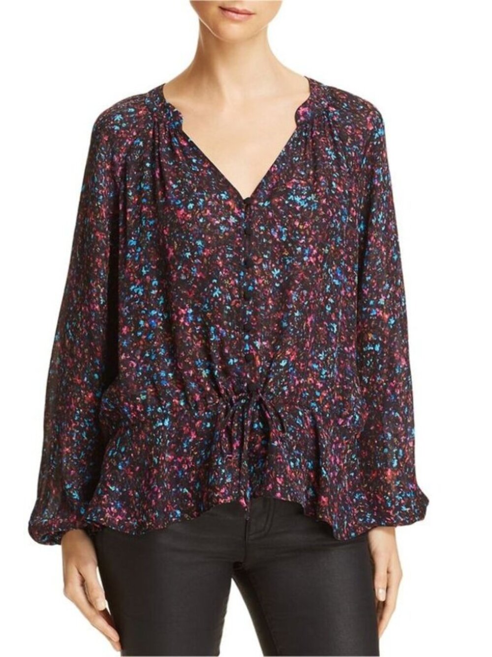 PARKER womens BLOUSE black FLORAL ruffle SILK purple BLUE SIZE L